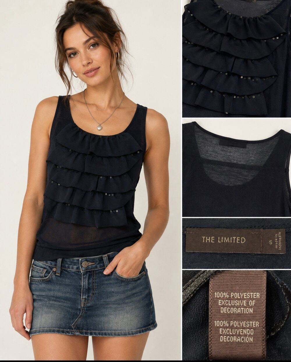 Y2K Indie Sleaze Layering The Limited Ruffle Tank Top Size S Black Sequin Tiered